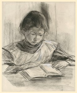 Retrato da filha do artista. Busto de frente, à mesa e a ler de Max Liebermann