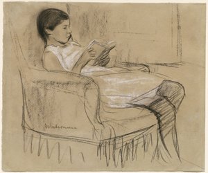 A filha do artista Käthe lendo em uma cadeira de Max Liebermann