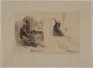 Dois retratos do seu pai, Louis Liebermann, numa poltrona de Max Liebermann