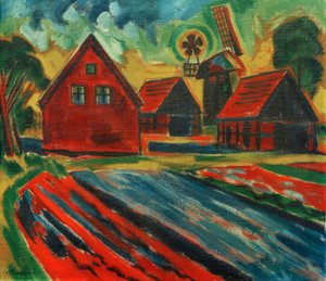 Rote Häuser mit Windmühle von Max Pechstein