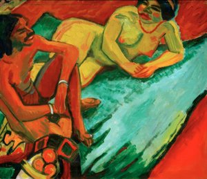 Mulher com indiano no tapete de Max Pechstein