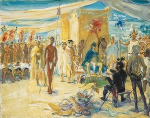 Fernando Cortez na frente do imperador Montezuma do México. 1917 de Max Slevogt