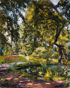 Jardim em Godrammstein com uma árvore e um lago retorcidos; Jardim em Godrammstein com árvores e lago, 1910 de Max Slevogt
