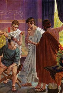 Aristagoras, Tyrant of Miletus, recebendo a ordem para os ionianos se revoltarem contra o domínio persa, descobrindo a mensagem tatuada no couro cabeludo de um escravo, rapando-lhe o cabelo (cor litho)