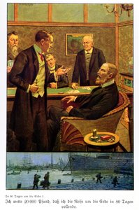 Phileas Fogg aposta no Reform Club que pode dar a volta ao mundo em 80 dias, ilustração de uma edição publicada em Berlim