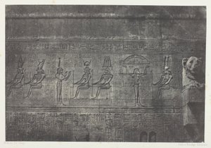 Grande Templo de Denderah (Teutyres), esculturas da fachada posterior; Alto Egito, placa 20 do álbum "Egypte, Nubie, Palestine et Syrie" (1852) de Maxime Du Camp