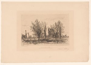 Paisagem com um prado e uma vista de uma cidade Dance les champs de Cenon. (título no objeto) de Maxime François Antoine Lalanne (signed by artist)
