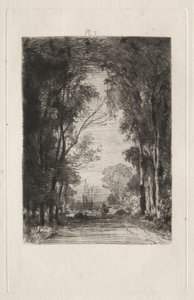 Viajante em uma estrada em uma floresta de Maxime Lalanne