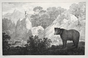 Paisagem montanhosa com urso em primeiro plano. de Maximilian Josef Wagenbauer