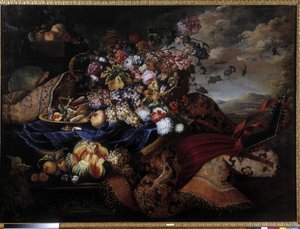 Cesta de frutas, flores e alaúde no tapete. Pintura de Maximilian Pfeiler (1481-1536). Menção obrigatória: Coleção fondation concern de provence, Marselha (cm 145x196,5) de Maximilian Pfeiler or Pfeiller