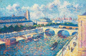 Paris, o Sena e o quai de la Mégisserie vistos do quai de l
