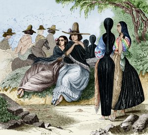 Mulheres de Lima no Peru, gravura da viagem da radiguet em Lima na década de 1840, documento colorido