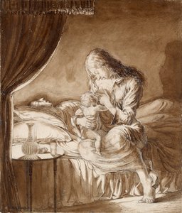 Cenário Noturno - Mulher alimentando seu filho, c1900s de Maxwell Gordon Lightfoot