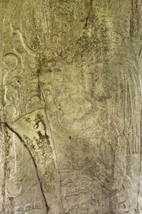 Detalhe de Stela 9 representando Ajb&39;alun Haab&39;tal Wat&39;ul K&39;atel, Rei Clássico Terminal de Ceibal, Guatemala, comemorando o final do 9º Katon em AD. 849 pedra de Mayan