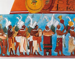 Reconstrução dos frescos Bonampak mostrando uma procissão de músicos (pintura de parede)