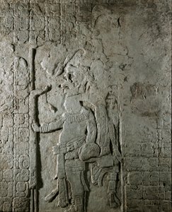 Arte Maia: painel n. 1 do site maia de El Cayo (entre 600 e 800) representando um personagem rodeado por inscrição em hieróglifos em referência a cálculos astronômicos. Coleção Particular de Mayan Mayan