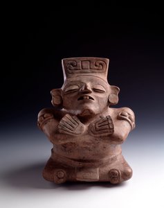 Arte pré-colombiana, civilização Maia, período clássico: vaso de barro antropomórfico representando um personagem sentado, pernas e braços cruzam o rosto virados para cima. De La Lagunita, Quiche, Guatemala Sol. h. 25 x largura 21,5 cm Guatemala, Museo Naz