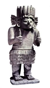 A civilização pré-colombiana: estátua maia representando o deus das criadas. Paris, Musee de l