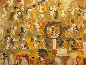 Reconstrução de uma pintura maia de Chichen Itza (Yucatan, México), retratando uma cena de batalha. Civilização Maia.