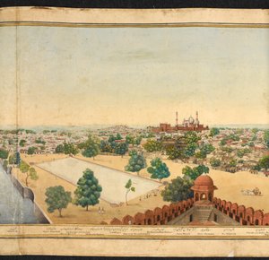 Secção de um panorama de Deli, mostrando o Jama Masjid de Mazar or Mazhar Ali Khan