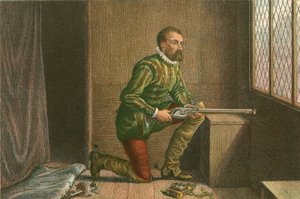 James Hamilton aguardando a aproximação do Regente Moray (gravura a cores)