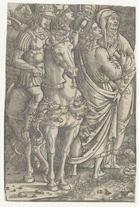Fragmento de uma crucificação com João Evangelista e Maria e soldados de Meester IB met de vogel