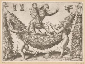 Putti zombando de um macaco Tapeçarias do Papa (título da série) Tapezzerie de Papa (título da série no objeto)
