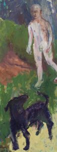 Homem branco que passeava um cão preto, 2016 (óleo sobre tela) de Megan Williamson