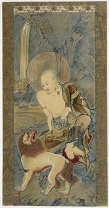 O Homem com o Leão. Pintura sobre seda de Meicho (1427-1532). de Meicho