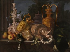 Natureza morta, conchas e ourivesaria. Pintura por Meiffren Conte (1630-1705). Óleo sobre tela. Dim: 91x121cm. Menção obrigatória: Fondação de colecções de de Provence, Marselha de Meiffren (c.1630 1705) Conte
