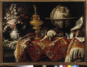 Vaso de flores, globo astral, livros e trabalhos em ouro sobre um tapete. Pintura por Meiffren Conte (ou Conde) (1630-1705) Menção obrigatória: Fondação de colecções de Provence, Marselha (cm 92x121) de Meiffren (c.1630 1705) Conte