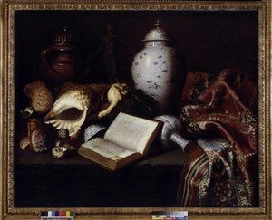 China vasos, conchas, bronzes antigos, livros e tapetes (óleo sobre tela) de Meiffren (c.1630 1705) Conte