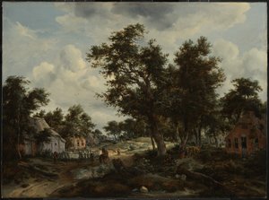 Uma paisagem arborizada com viajantes num caminho através de uma aldeia de Meindert Hobbema