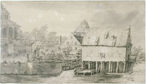 A chamada igreja Bergkerk e moinho de água em Deventer (Lugt 43) de Meindert Hobbema