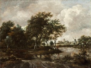 Paisagem com pescadores à linha e uma cidade ao longe de Meindert Hobbema