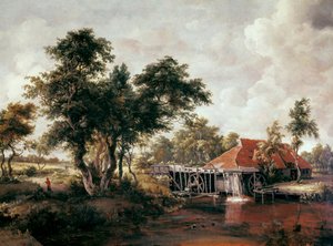 Moinho de água com grande telhado vermelho. Pintura por Meindert HOBBEMA
