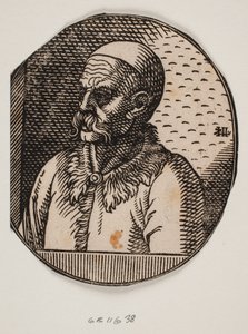 Busto de homem com barba e calota; 3/4 perfil para a esquerda de Melchior Lorck
