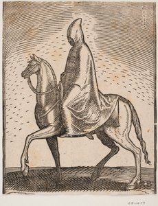 Cavaleiro de capa e chapéu, perfil à esquerda; sob seu manto, uma espada pode ser vislumbrada