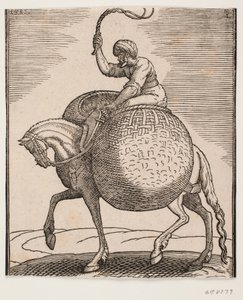 Cavalo com cavaleiro e duas cestas esféricas para transporte de legumes de Melchior Lorck