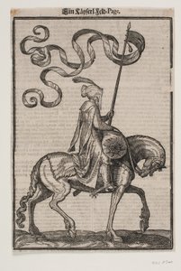 Porta-estandarte montado, perfil para a direita; o padrão é bicaudal; o cavaleiro está desarmado; nas costas do cavalo à sua frente, há um saco em forma de salsicha para transportar bagagem de Melchior Lorck