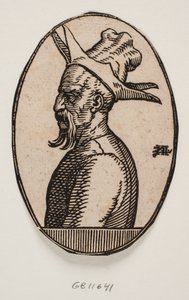Medalhão oval com busto de homem com bigode pendente e chapéu de quatro abas; o lado esquerdo do rosto do homem é visto de perfil de Melchior Lorck