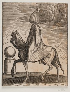 Cavaleiro vestindo casaco comprido e toucado em forma de abóbora, perfil para v.; uma espada é vista sob o manto; atrás da pata dianteira do cavalo há um pedestal cilíndrico com uma esfera de Melchior Lorck