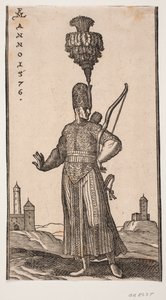 Soldado em pé, vista frontal, cabeça virada para h.; ele carrega arco sobre o braço esquerdo, aljava nas costas e espada no lado esquerdo; ele estende o braço direito para trás de forma coquete; na volta ou seja e t.v. dois edifícios semelhantes a fortalez de Melchior Lorck