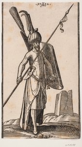 Soldado de pé com escudo curvo na mão v. e na mão direita uma lança empunhada obliquamente; espada ao lado direito, uma adaga enfiada no cinto ao lado direito; no fundo h. a ruína de um obelisco ou torre com planta quadrada de Melchior Lorck