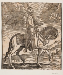 Cavaleiro de turbante, espada à direita, perfil para a direita; entre as patas dianteiras do cavalo, duas pirâmides aparecem de Melchior Lorck