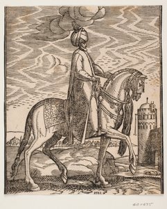 Cavaleiro de turbante, com clava pendurada no lado direito do cavalo; perfil para a direita; do lado direito da imagem, um muro com portão e uma torre redonda de Melchior Lorck