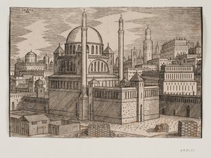 Mesquita não identificada com 2 minaretes, vista de nordeste; no canteiro de obras em primeiro plano com blocos de construção empilhados de Melchior Lorck