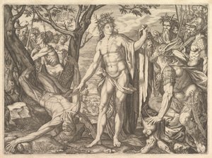 Apolo e Marsyas e o Julgamento de Midas: à direita Midas com os ouvidos de um asno resti..., 1581.