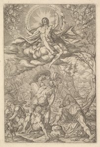 A Ressurreição de Cristo, englobada por uma auréola e nuvens com linhas de putti aladas a..., 1577.