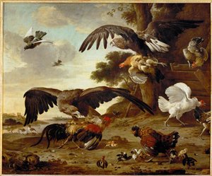 As águias atacam as galinhas ... de Melchior de (manner of) Hondecoeter
